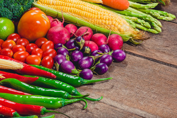 Backgroud of fresh food tasty and healthy varis vegetables are on the wooden table