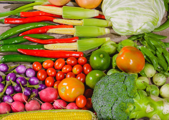 Backgroud of fresh food tasty and healthy varis vegetables are on the wooden table