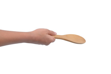 Asian female hands are holding Wooden ladle isolated on white