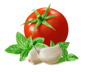 Tomato, basil leaves and garlic cloves isolated on white background