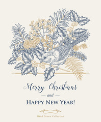 Christmas card with a bird and winter plants. Hand drawn tit, holly, spruse, pine branch and elderberry. Vector illustration. Vintage engraving style.