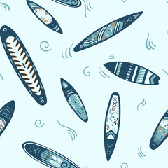 Stand Up Paddle Boarding SUP surfing elements cute seamless pattern vector illustration with supboard, paddle, lifebuoy, waves on a blue background.