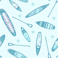 Stand Up Paddle Boarding SUP surfing elements cute seamless pattern vector illustration with supboard, paddle, circles on the water on a blue background.