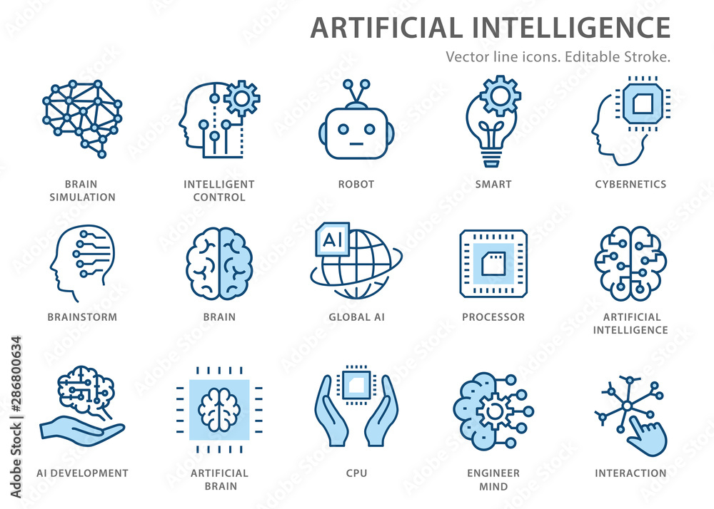 Poster artificial intelligence line icons set. vector illustration. editable stroke.