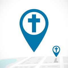 Christian pin icon. GPS navigation with cross symbol on 3D map concept. Location logotype for religious events. Isolated abstract graphic design template. Blue colored button, sign on white background