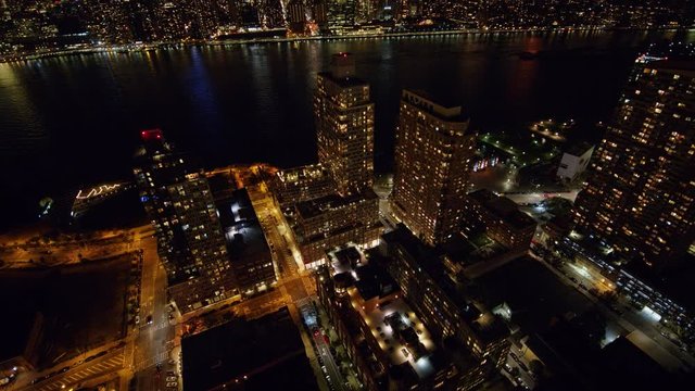 NYC New York Aerial v109 Panning birdseye to vertical to panoramic view of Hunters Point with Midtown Manhattan in backdrop - October 2017