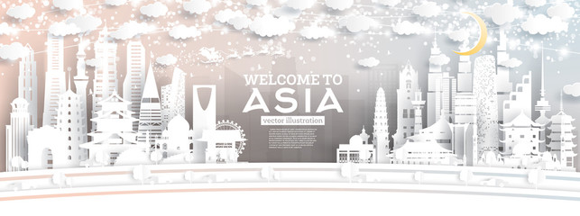 Asia City Skyline in Paper Cut Style with Snowflakes, Moon and Neon Garland.