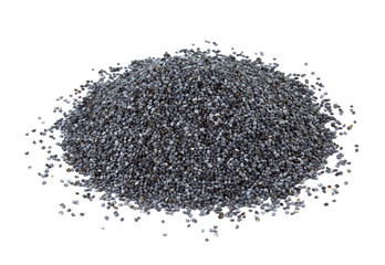 Heap of dry poppy seeds isolated on white