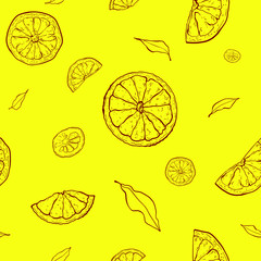 Ink sketch oranges on a yellow background. Citrus fruit background. Oranges seamless pattern. Elements for menu, greeting cards, wrapping paper, cosmetics packaging, posters.