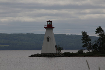 A lighthouse sitting on a point of land