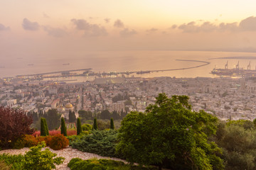 Sunrise view of downtown Haifa, the port, and the bay