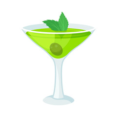 Green drink in a glass on a high leg. Vector illustration on a white background.