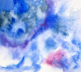 Fantasy blue and violet color splashes. Abstract hand painted watercolor texture.