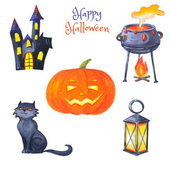 Black cat, haunted house, Jack O Lantern, a cauldron for decoration. 