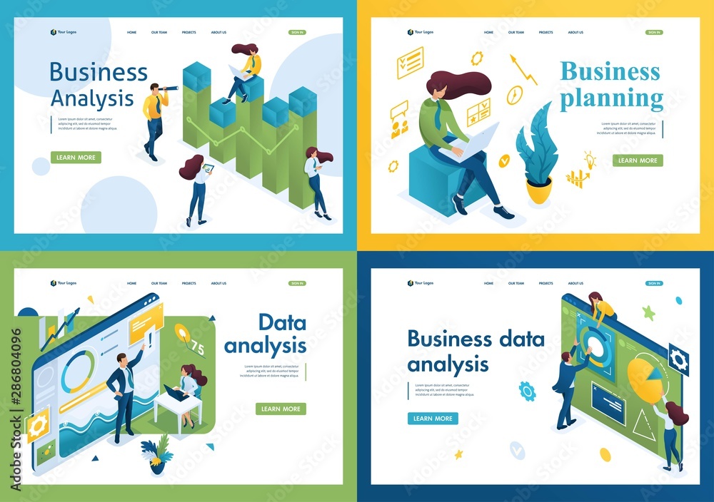 Poster set of isometric concepts.business analysis, business planning, data analysis. for landing page conc