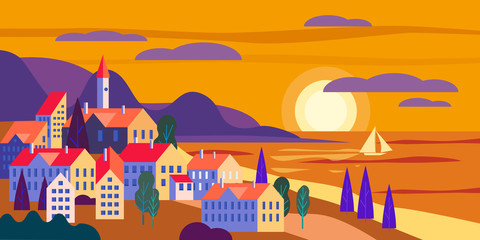 Naklejka premium Cityscape sea ocean seashore landscape with buildings, mountains hills and trees sunset.