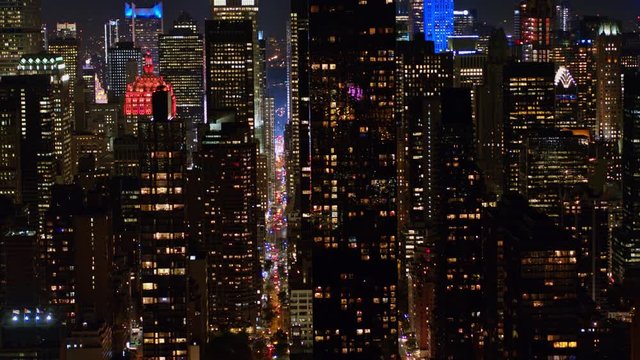 NYC New York Aerial v114 Low nighttime detail view of Midtown Manhattan cityscape - October 2017