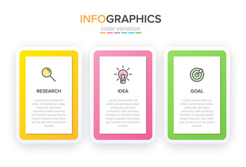 Concept of arrow business model with 3 successive steps. Three colorful rectangular elements. Timeline design for brochure, presentation. Infographic design layout.