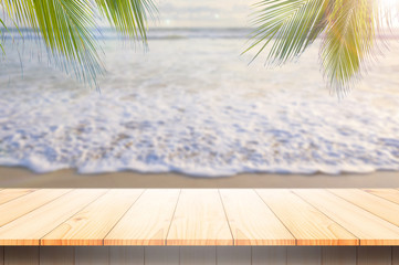 Wooden floor or plank on sand beach in summer. For product display.Calm Sea and Blue Sky Background. - 286805434