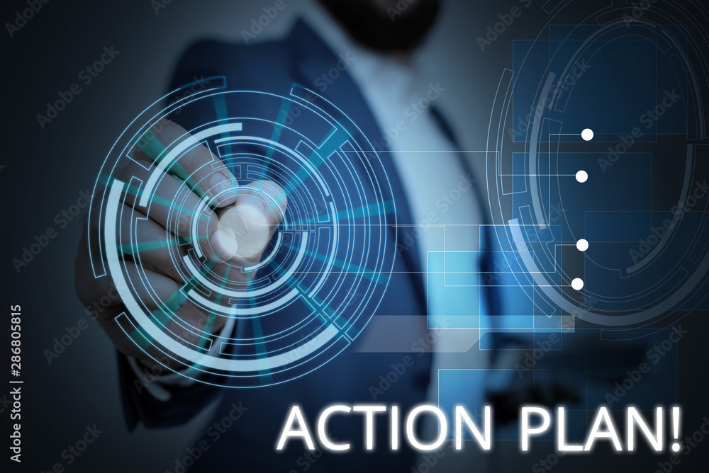 Poster writing note showing action plan. business concept for proposed strategy or course of actions for ce