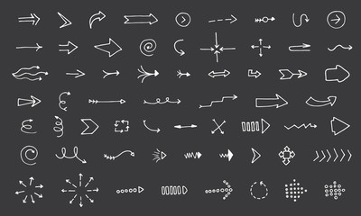 Hand drawn arrows set for concept design. Doodle illustration isolated on black background. Vector template for decoration