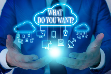 Word writing text What Do You Want Question. Business photo showcasing say or write in order to ask demonstrating about something Male human wear formal work suit presenting presentation using smart