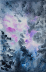 Fantasy grey and violet clouds. Abstract hand painted watercolor texture.