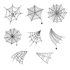 Scary spider web vector illustration. Cobweb silhouette isolated on white background. Spooky halloween decoration elements set for your design.