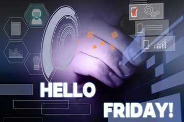 Text sign showing Hello Friday. Business photo showcasing you say this for wishing and hoping another good lovely week Male human wear formal work suit presenting presentation using smart device