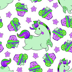 ๊Unicorn Fairy doughnut cupcake fantasy doodle Kawaii cartoons Seamless pattern vector with purple and green tone with green background