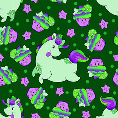 ๊Unicorn cupcake fantasy doodle Kawaii cartoons Seamless pattern vector with purple and green tone with green background