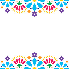 Mexican folk vector wedding or party invitation, greeting card, colorful frame design with blue flowers and abstract shapes on white - 286807021