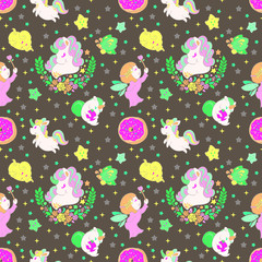 ๊Unicorn Fairy doughnut cupcake fantasy doodle Kawaii cartoons Seamless pattern vector with Pastel tone and brown background