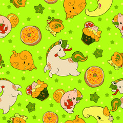 ๊Unicorn Fairy doughnut cupcake fantasy doodle Kawaii cartoons Seamless pattern vector with Lemon yellow green tone and green background