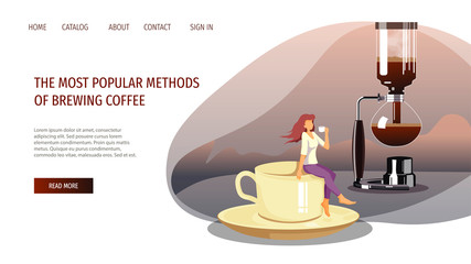 Web page design template for coffee brewing methods, coffeemakers, Vacuum pot and coffee shop. Woman sitting on the edge of a cup and drinking coffee brewed in Syphon. Poster, banner, website design.