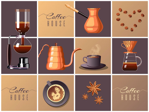 Poster or banner design for coffee house, brew bar. Pour-over, Turkish coffee, Syphon, Gooseneck kettle, coffee beans, star anise and cup of coffee. Vector illustration.