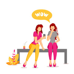 Card design with young women sitting on the bench and looking at the smartphone. Speech bubble with the word "wow". Vector illustration for poster, banner, flyer, brochure, card.