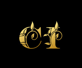 Golden letter C and I, CI, vintage decorative letter logo icon.