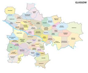 Map of the Scottish city of Glasgow with all neighborhoods of the city