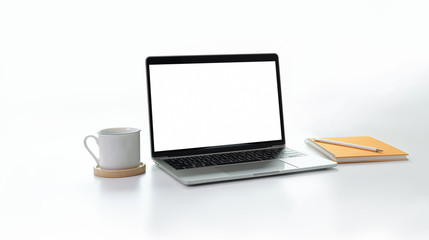 Stylish minimal workplace with open blank screen laptop with white background