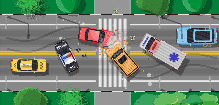 Road accident between two cars. Broken wings bumpers crashed windows. City asphalt crossroad marking, walkways. Roundabout road junction. Traffic regulations. Rules of road. Flat vector illustration