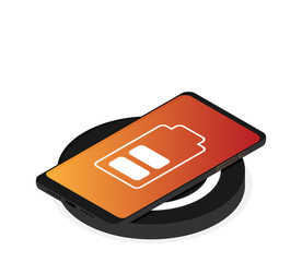 Smart phone on wireless charging device. Isometric vector illustration.