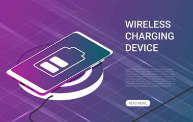 Smart phone on wireless charging device. Isometric vector illustration.