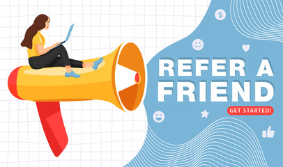 Refer a friend or Referral marketing concept. Big megaphone invites his friends to referral program. Woman share info about referral program. Landing page template. Vector.