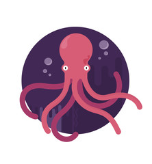 Pink octopus, sea creature in flat design. character vector illustration.