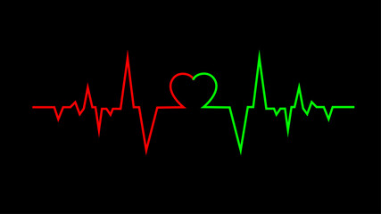 Heart pulse. Red and green colors. Heartbeat lone, cardiogram