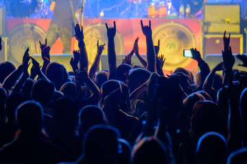Obraz premium Fans cheering musicians on stage at live rock music concert