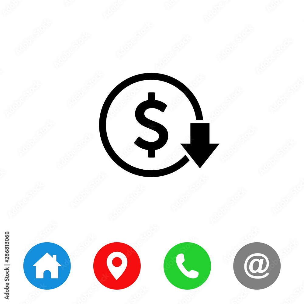 Poster cost reduction icon. dollar down icon vector. symbol for web site computer and mobile vector.