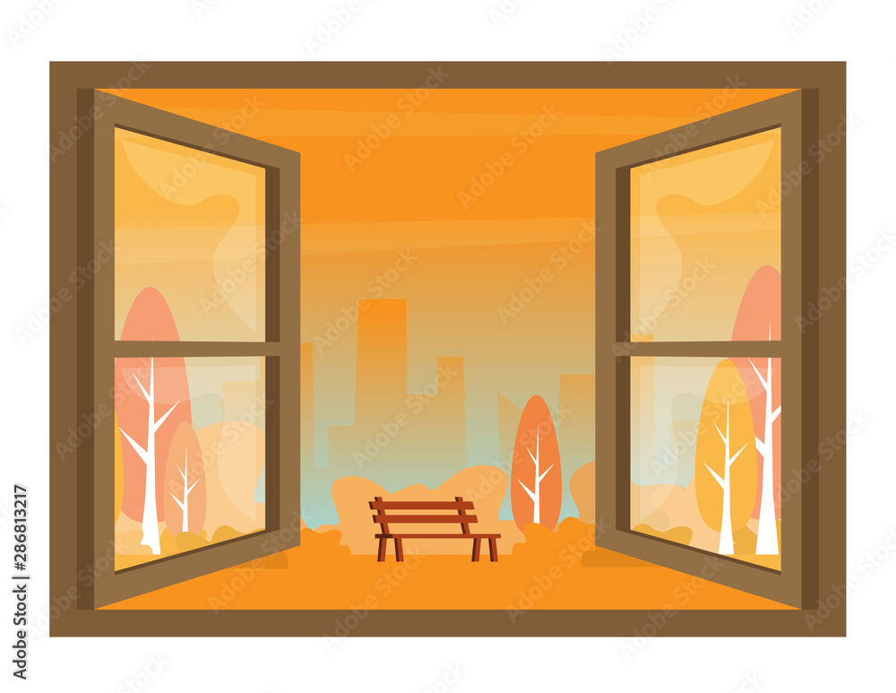 Aufkleber city view window background. autumn view of the open window vector