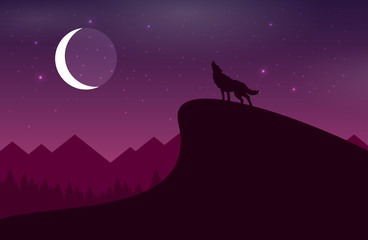 Wolf howls at night to the moon flat vector